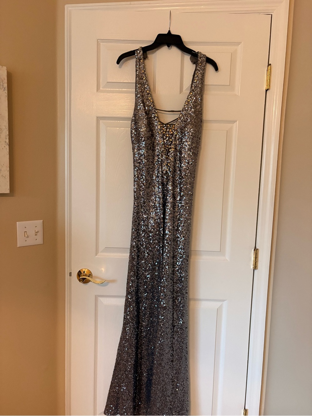 Stunning Ignite Evenings by Carol Lin floor-length formal gown in shimmering sil